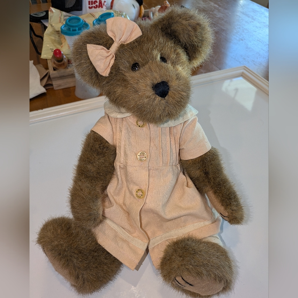 Boyds Bears Brown Teddy in Pale Pink Dress with Bow